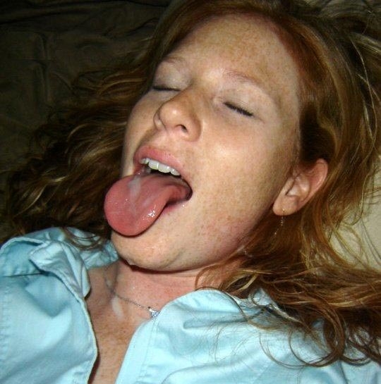 Natural redhead ginger tasting cum on tongue